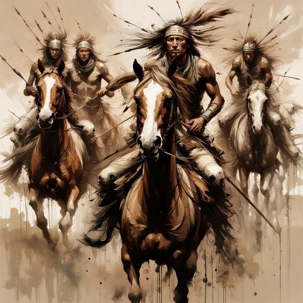 Native American Riders on Painted Horses: Textured Speedpain...