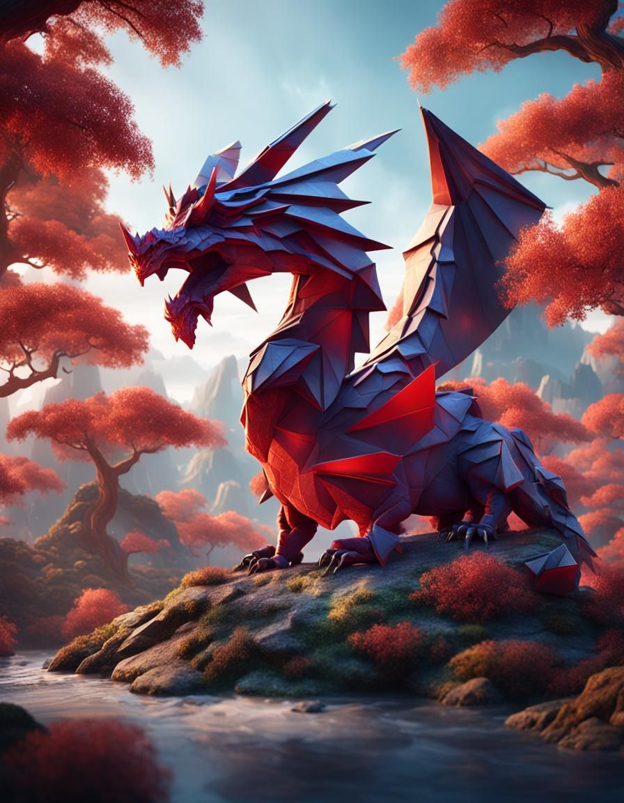 Magical Origami Dragon in Detailed Matte Painting