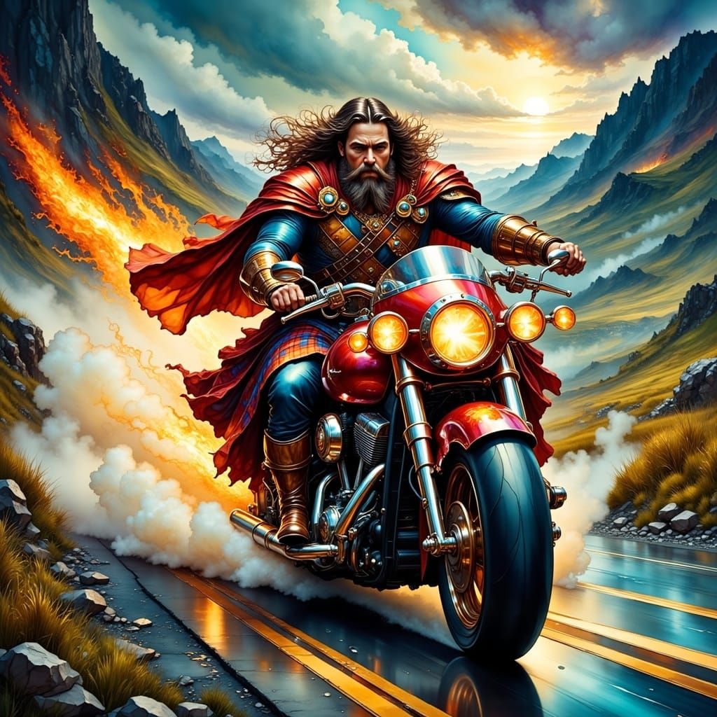 Scottish Warrior Rides Fiery Motorcycle Through Highlands
