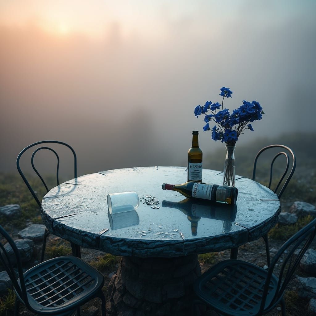 Surreal Summer Morning Scene with Shattered Wine Glass and W...