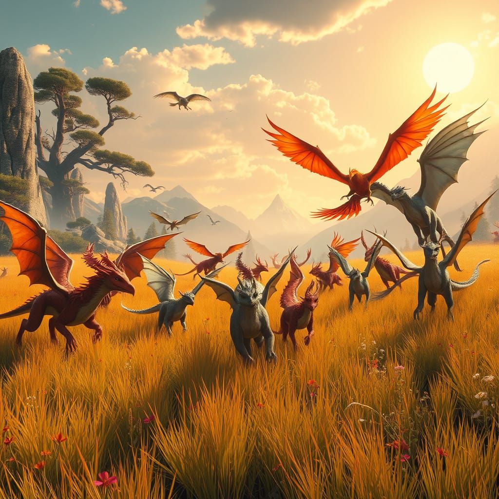 Fantastical Beasts Run Free in Vibrant, Sunlit Scene