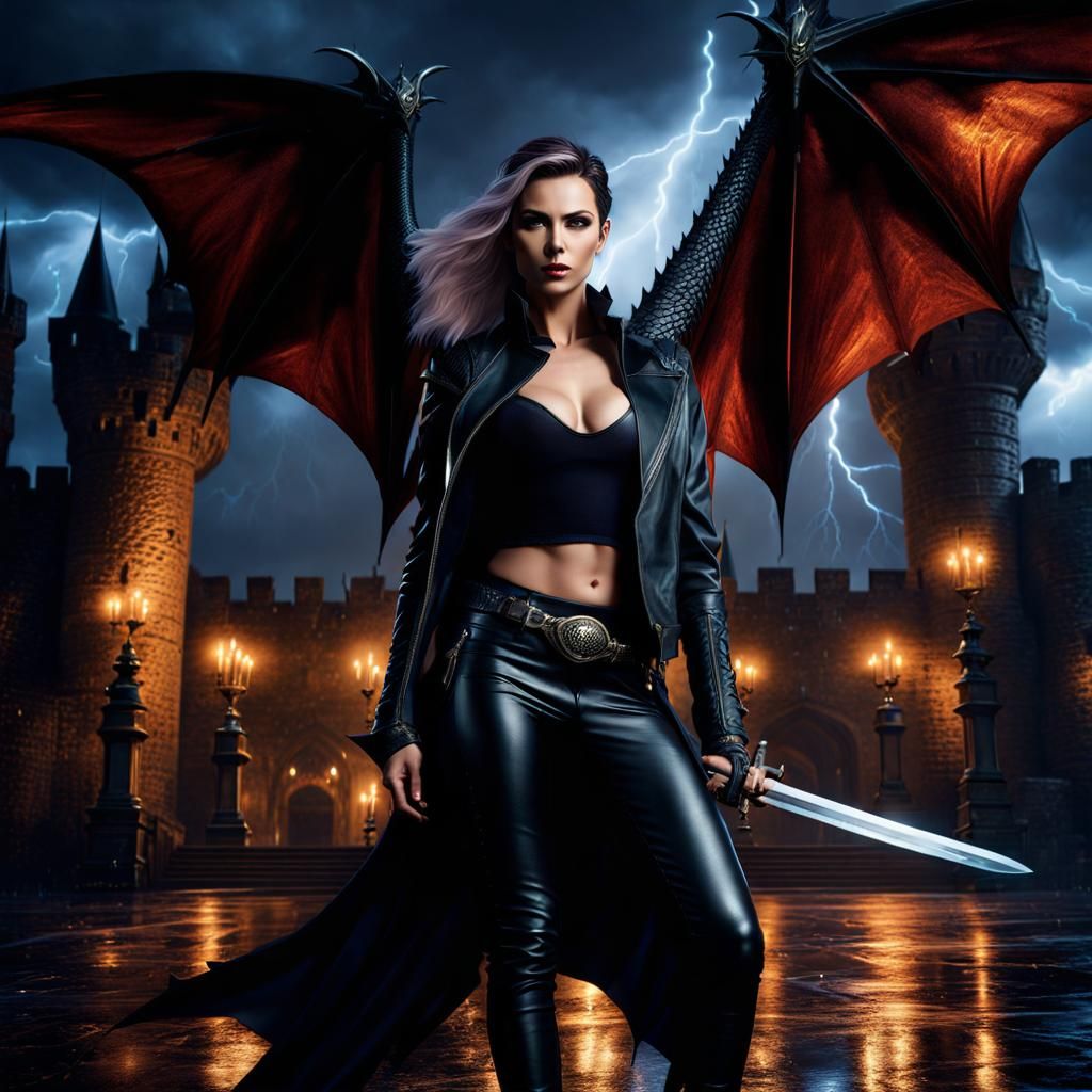 Dragon Woman with Sword in Dark Fantasy Digital Art