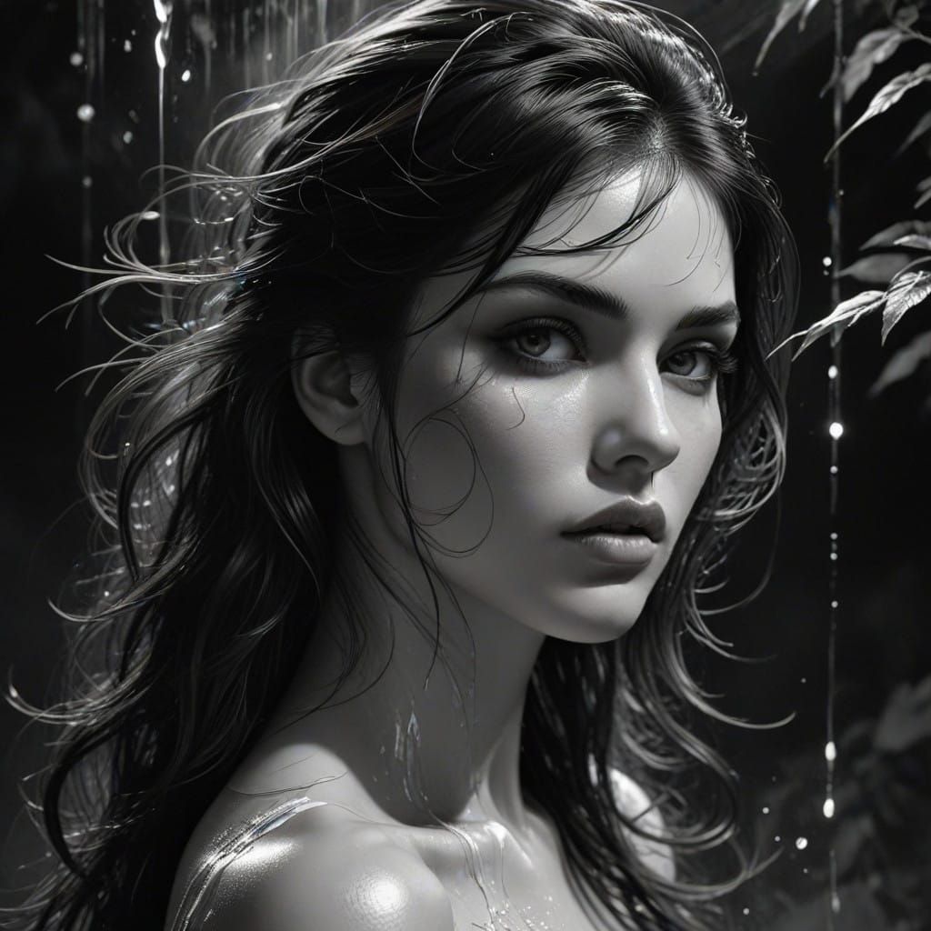 Seductive, High-Contrast Black and White Portrait in Pencil....