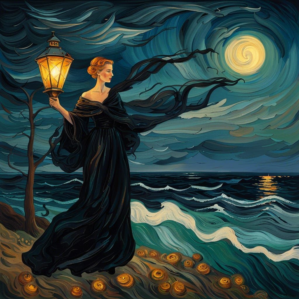 Lady with Lamp Overlooking Sea in Van Gogh Style