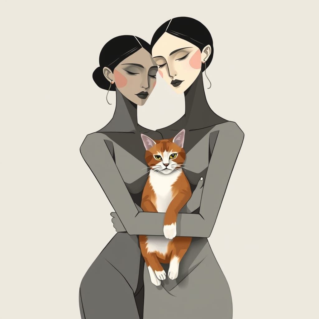 Two Women in Contemplative Embrace, Cubist Art Deco Style