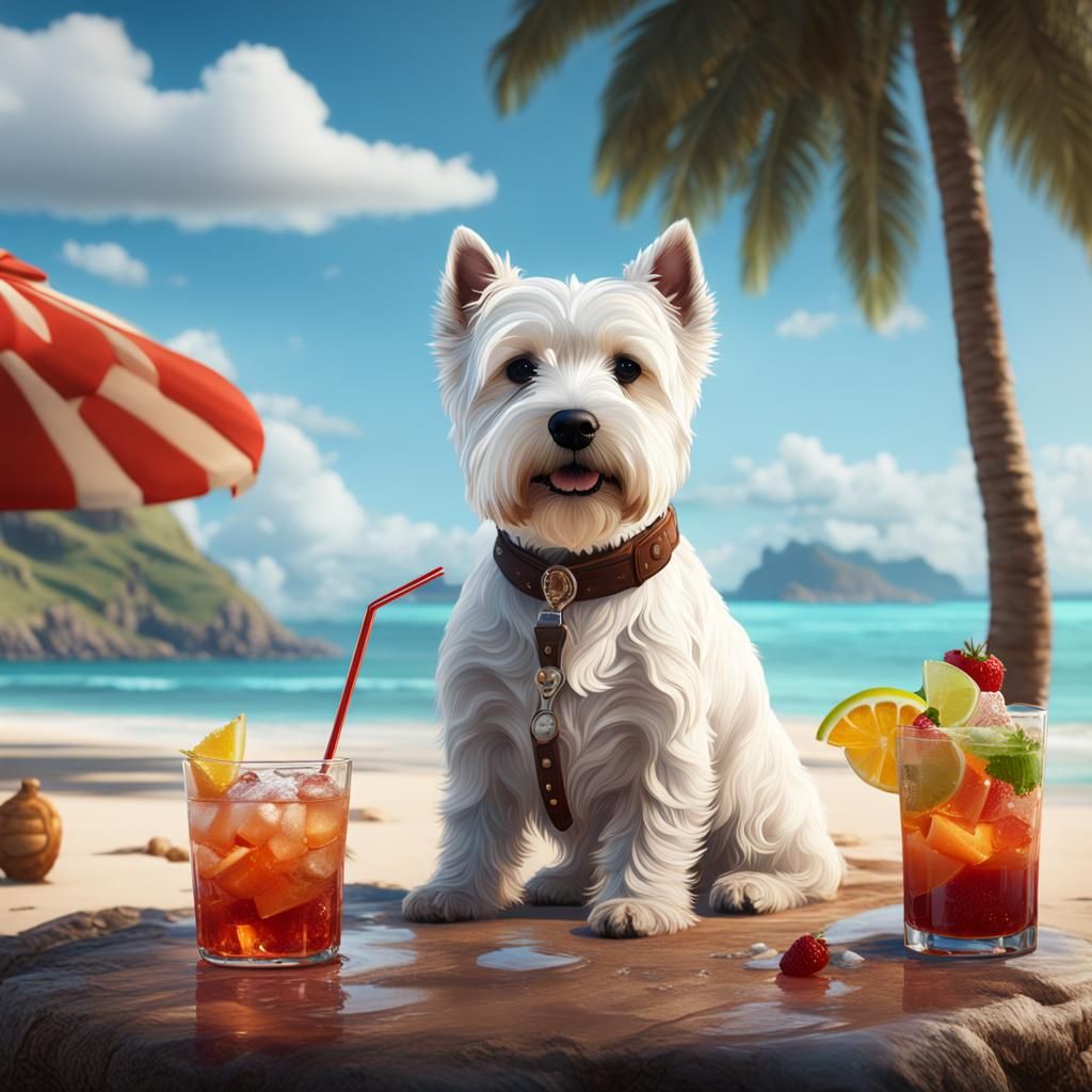 Westie Sipping a Cocktail on a Beach