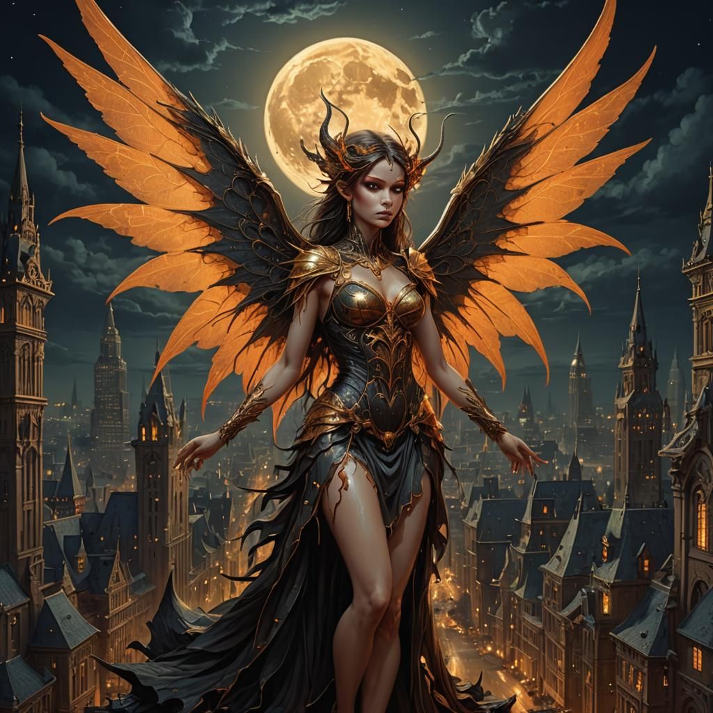 Moonlit Fairy in Gothic Cityscape