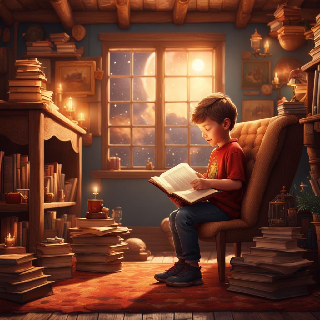Happy Boy Reads in Warm Room: Matte Painting