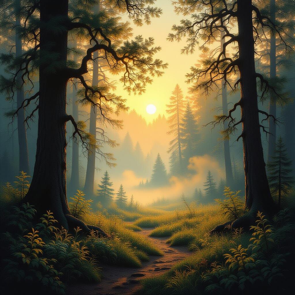 Serene Forest Clearing at Dawn in Golden Light