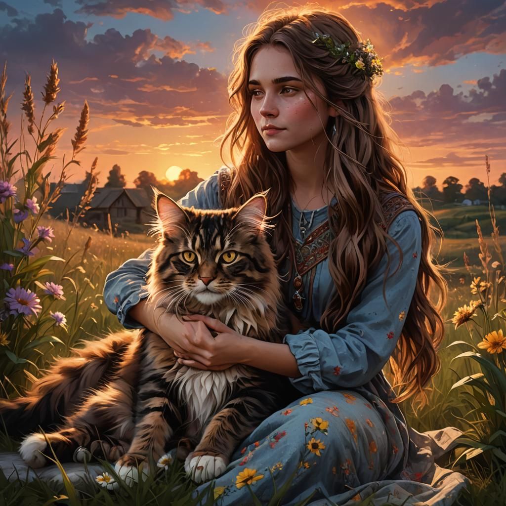 Girl and Kitten in Sunset Field: Fantasy Art