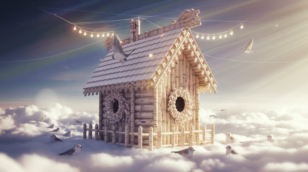 Heavenly Birchwood Birdhouse in Anime Style