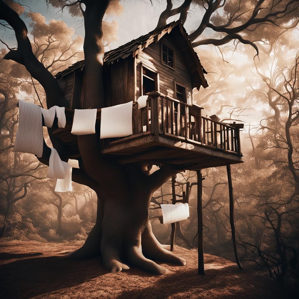 Treehouse Covered in Toilet Paper: Cinematic Film Still