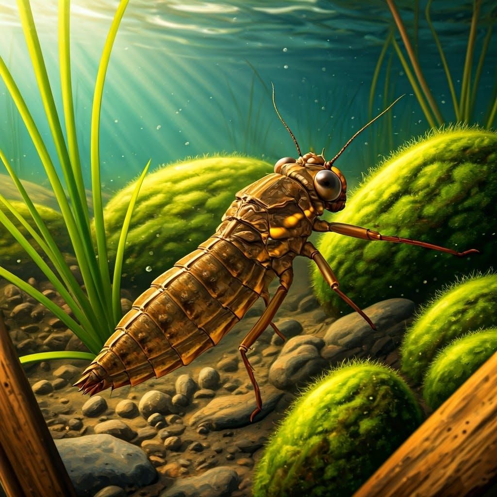 Vibrant Dragonfly Larvae in Muddy Swamp Depths