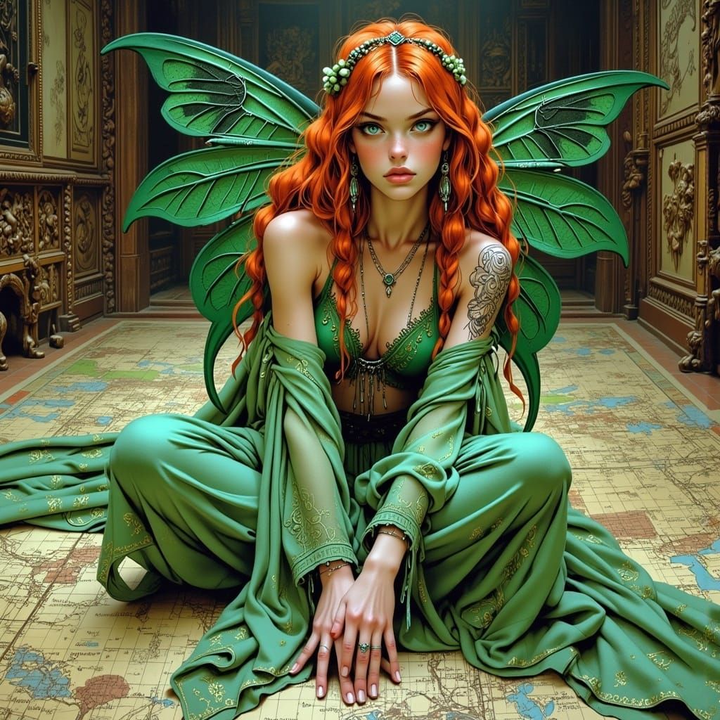 Enchanting Witch Gazing at World Map, Fantasy Art