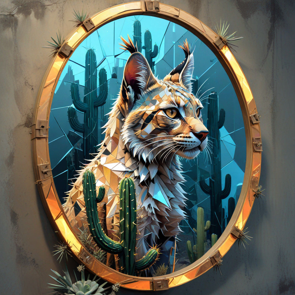 Escher-esque Banksy lynx, incandescent hologram saguaro cactus, geometric Shattered Mirror, Futuristic Manic Digital Pai...