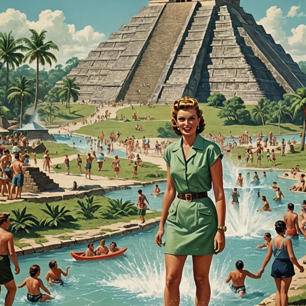 Mayan Pyramid Water Park in Retro Clipart Style