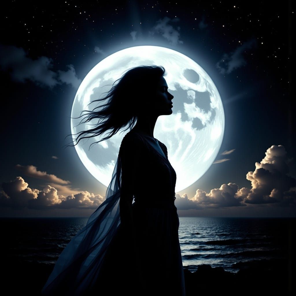 Silhouette Portrait Against Moonlight