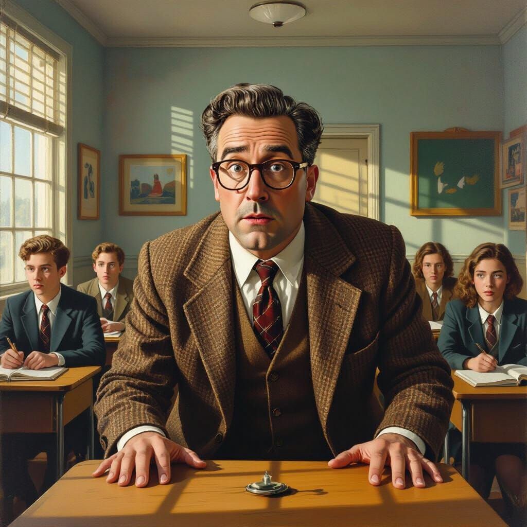 Surreal Oil Painting of Shrinking Teacher in Classroom