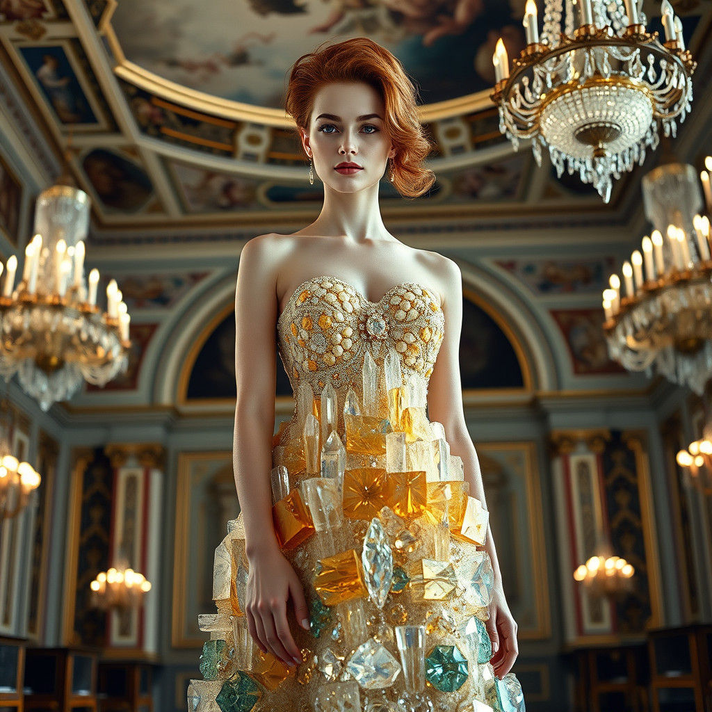 Woman in Crystal Dress in Grand Ballroom