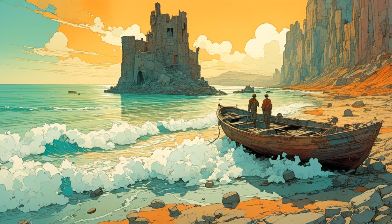 Skiff Landing by Ruined Fortress, Moebius Style