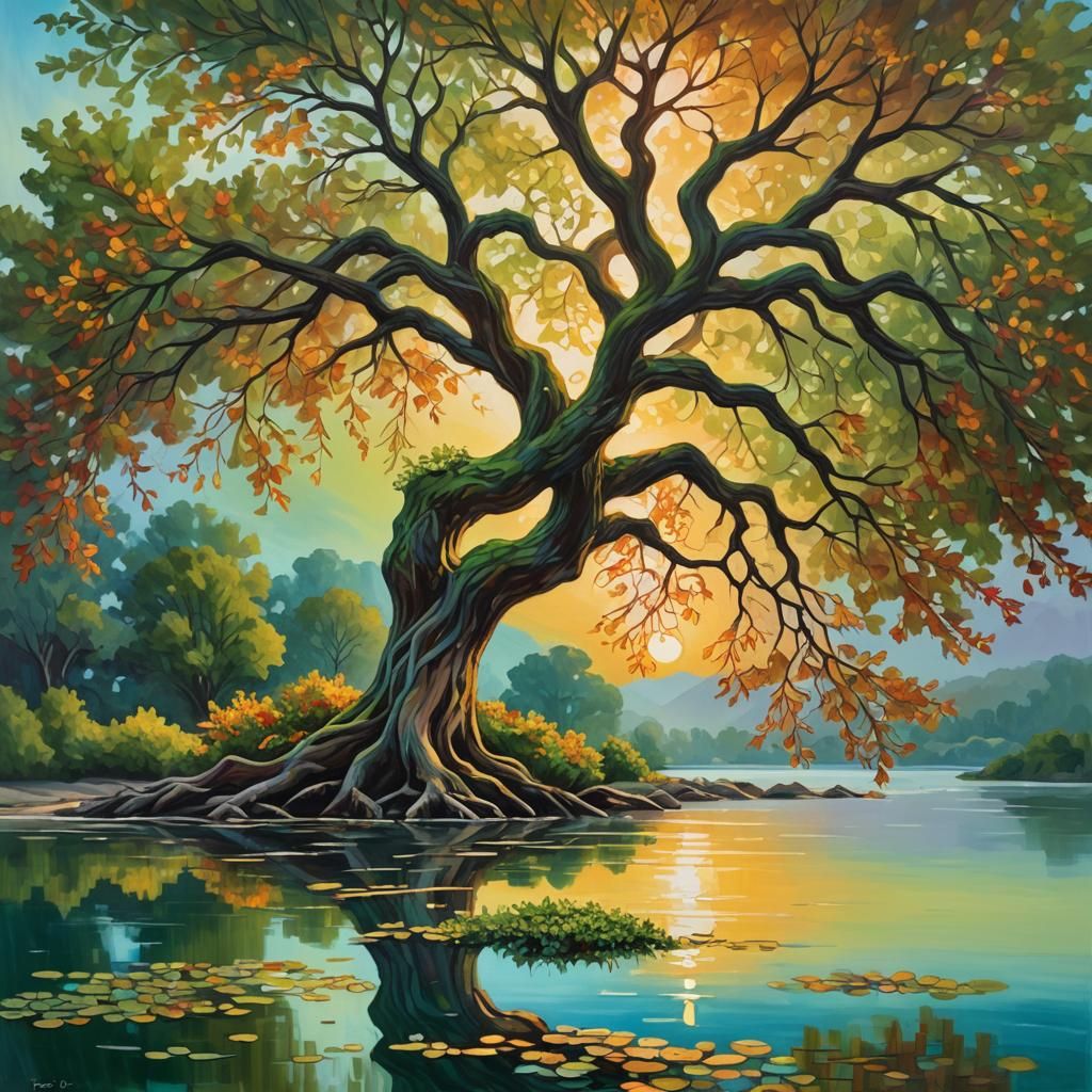 Majestic Tree Connects Land and Lake: Oil Painting