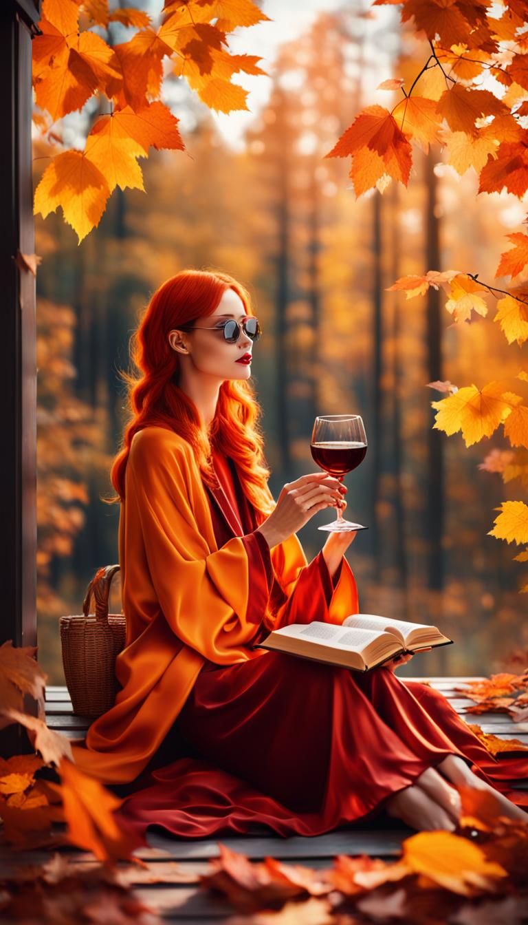 Red-Haired Woman Reading in Autumn Landscape