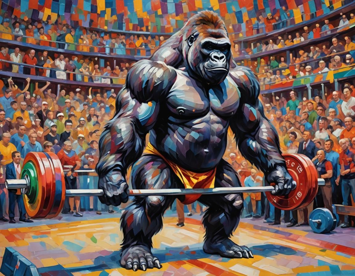 Gorilla Weightlifter: Neo-Impressionist Expressionist Oil Pa...