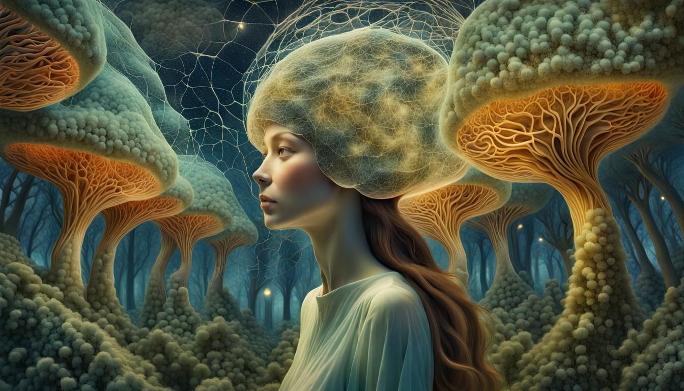 Bird-Human Hybrid in Mycelium Network: Fashion Magazine Art