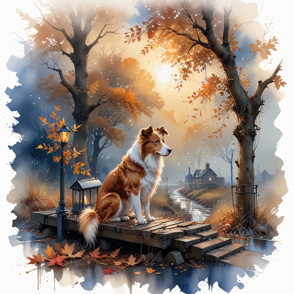 Autumn Collie on Railway Platform, Watercolor Painting