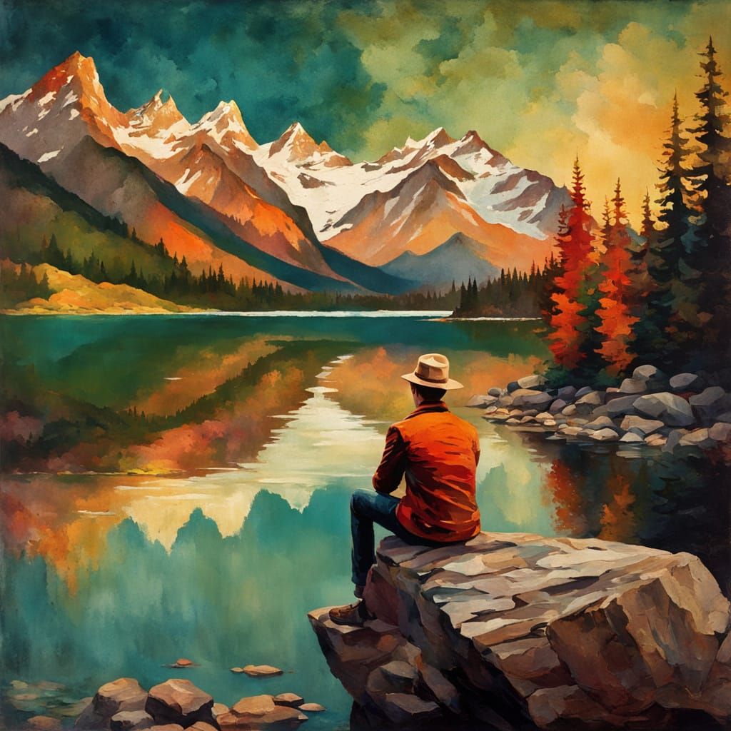 Redhead Man in Vintage Clothes by Mountain Lake