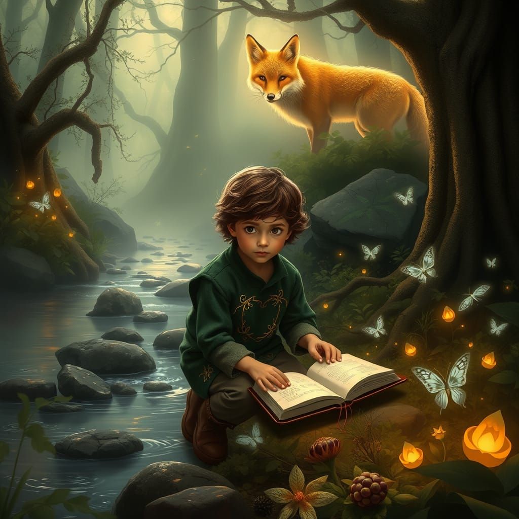 Boy in Mystical Forest with Glowing Fox Spirit