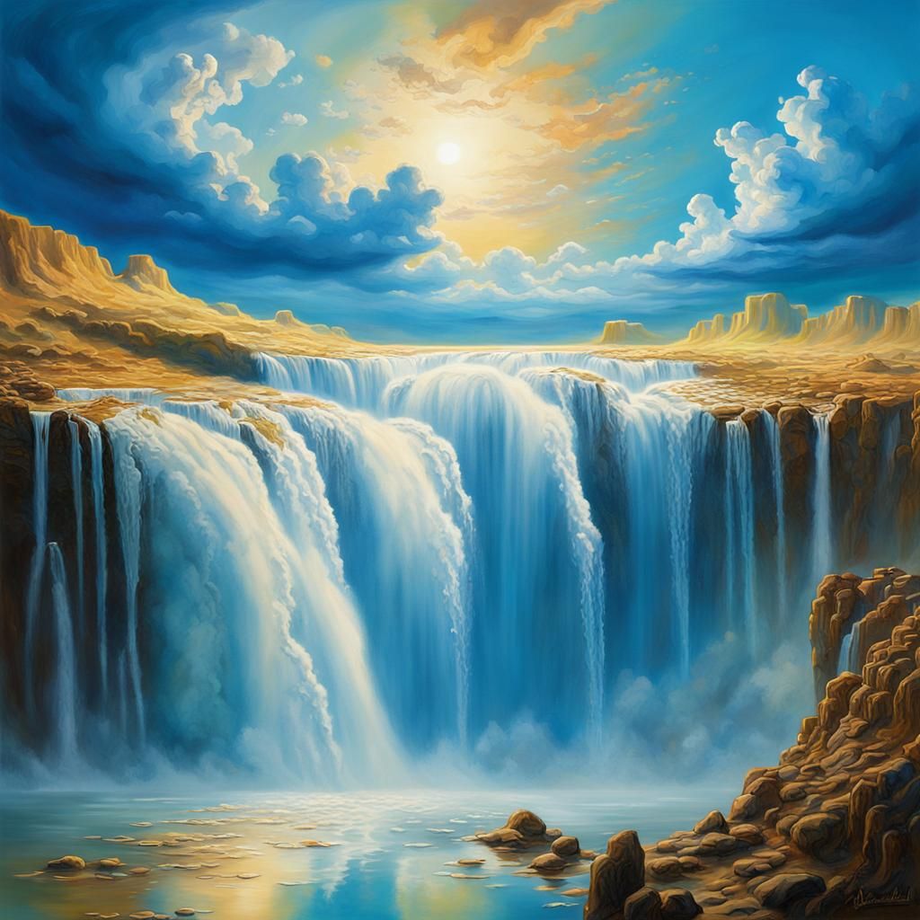 Surreal Waterfall Flooding Earth in Dreamlike Landscape