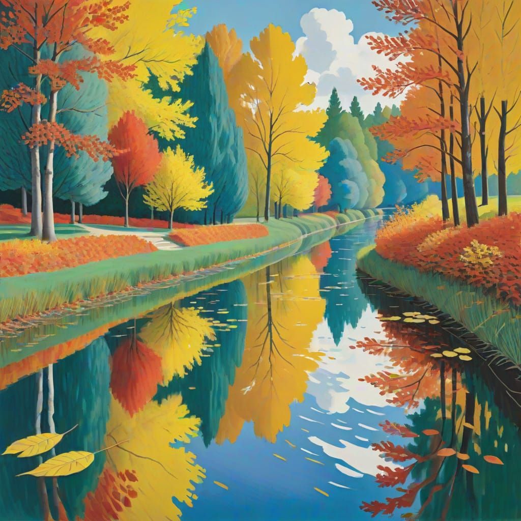 Tranquil tree-lined canal.