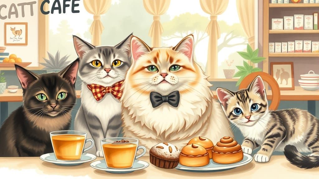 Cat Cafe Scene in Watercolor Style