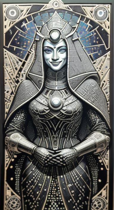 Smiling Lady Tarot Card in Pointillist Mosaic Style