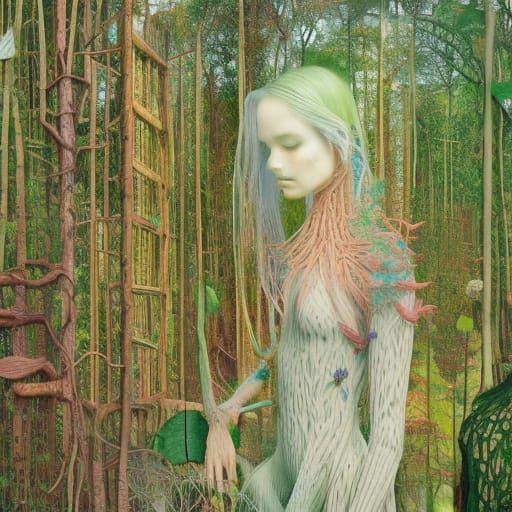 Botanical Woman in Warped Forest Perspective