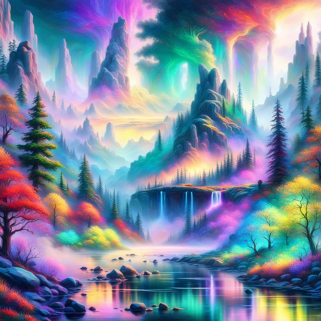 Surreal Neon Landscape in Retro Digital Art