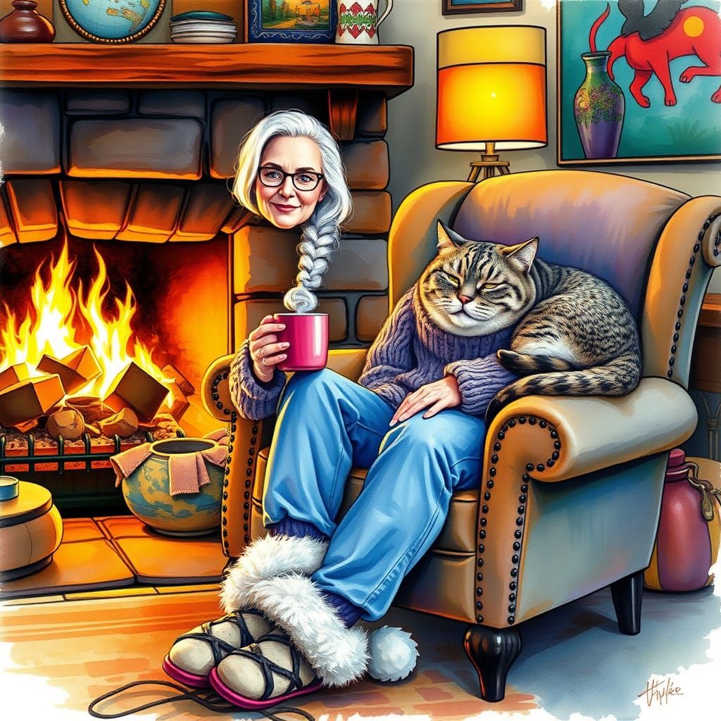 Cozy Bohemian Scene: Woman by Fireplace with Cat