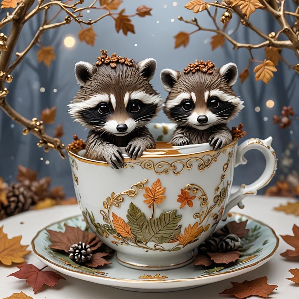 Chibi Raccoons in Teacup, Enchanted Forest