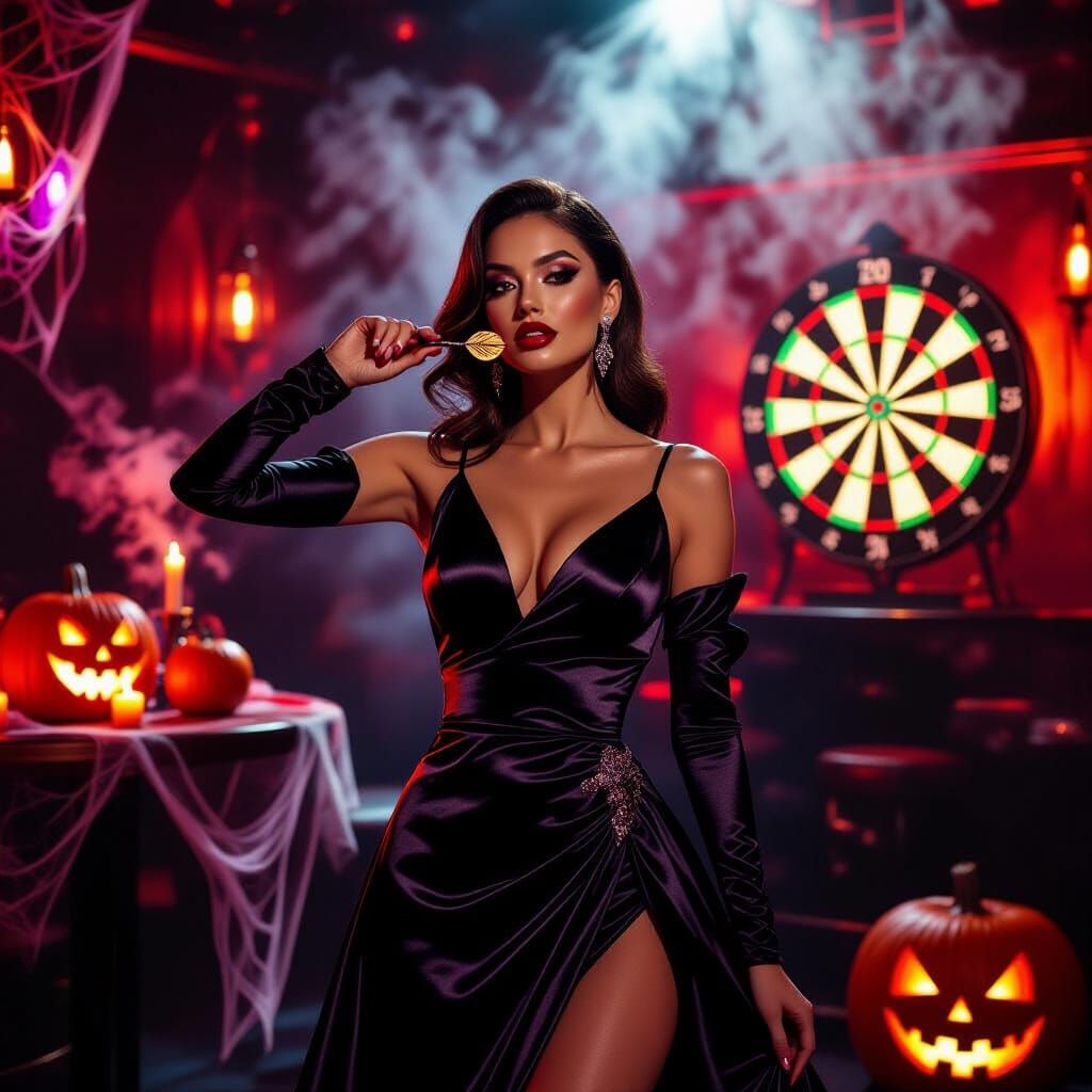 Elegant Lady Playing Darts at Halloween Club