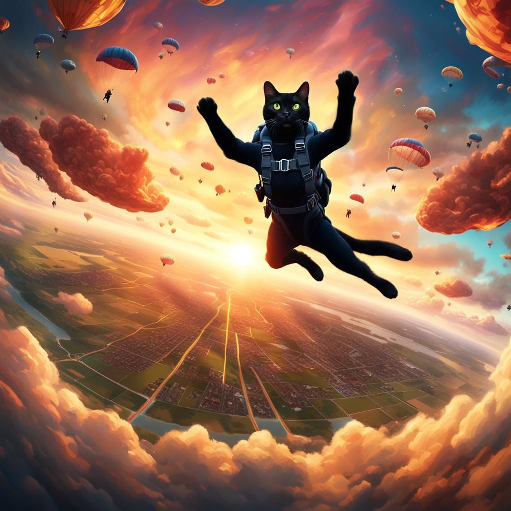 Black Cat Skydiving at Sunset: Dynamic Digital Art