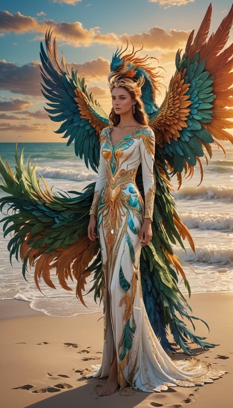 Majestic Phoenix on Beach: Fantasy Digital Painting