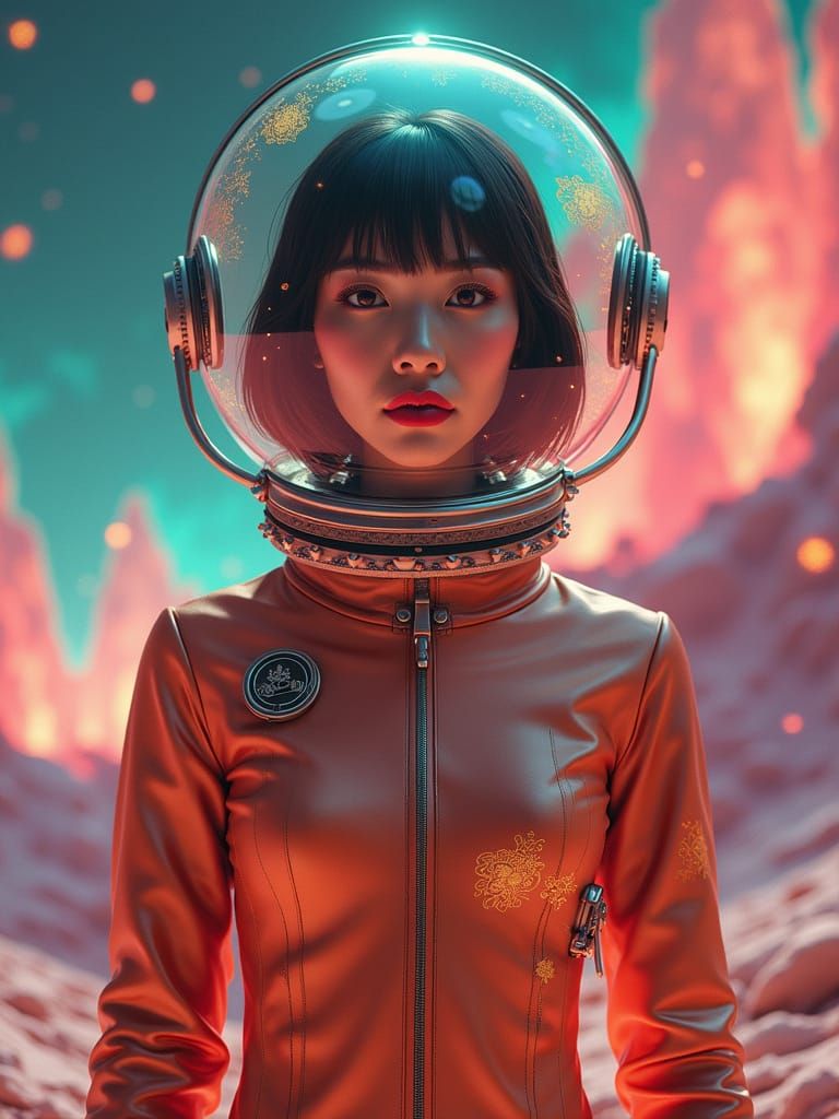 Retro-Futuristic Asian Astronaut in Rose-Orange Suit