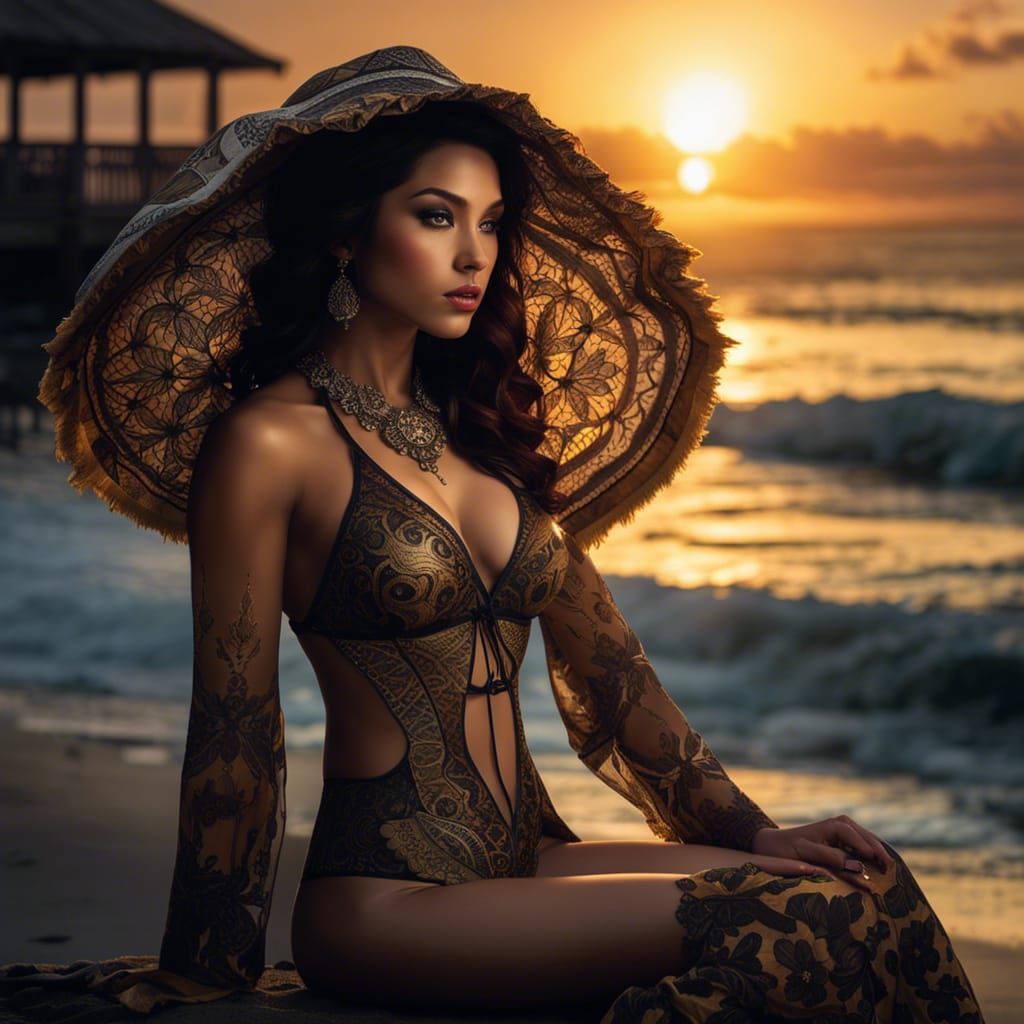 Sunset Beach Portrait in Art Nouveau Style