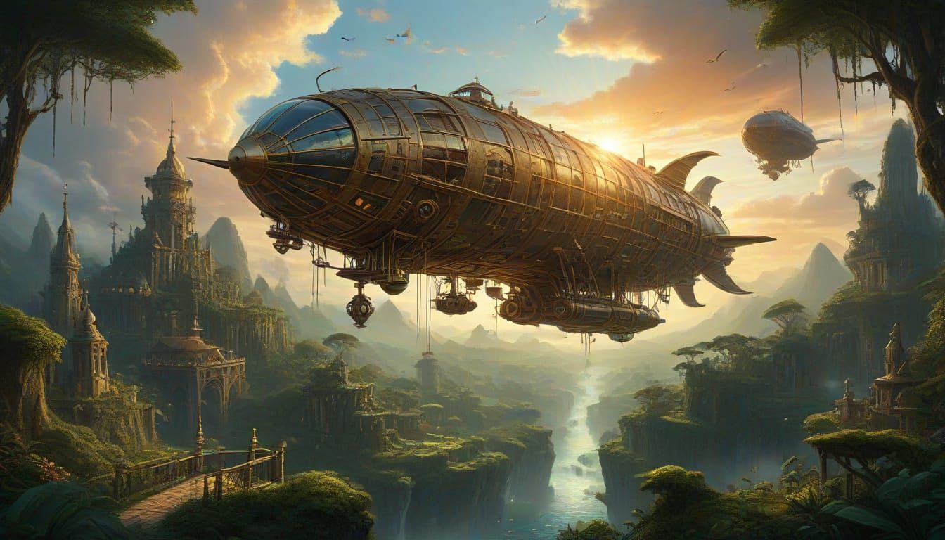 Futuristic Airships in Floating Jungles, Oil Painting Style