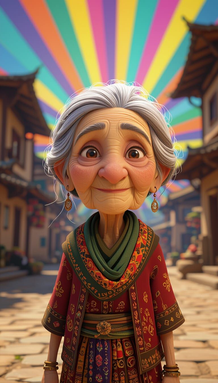 Elderly Woman in Vibrant Village Square - Cinematic Concept ...