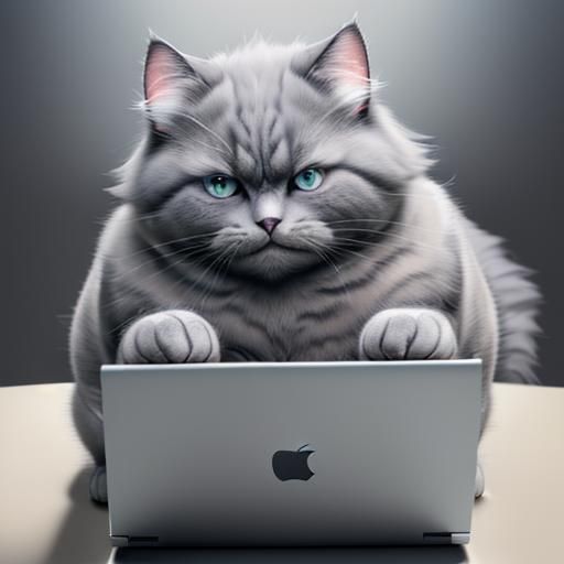 Fluffy Cat Napping on Laptop in Gouache Style