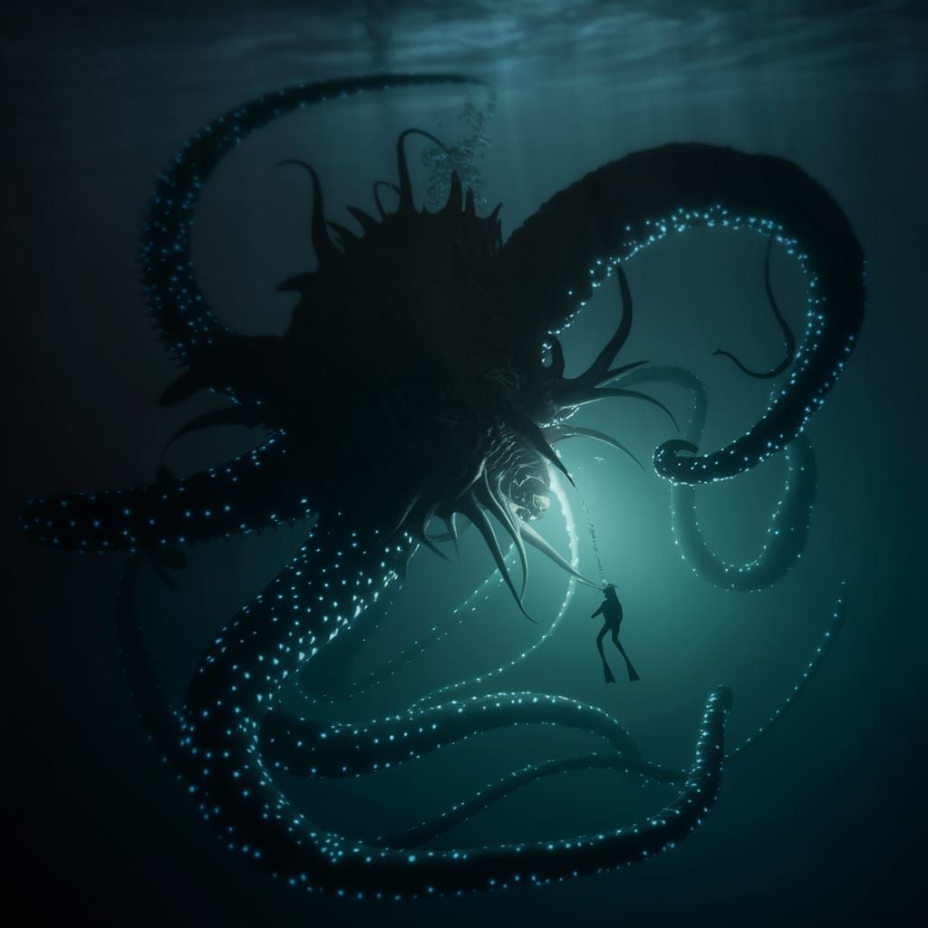 Kraken's Glow: Eerie Underwater Encounter in Digital Art