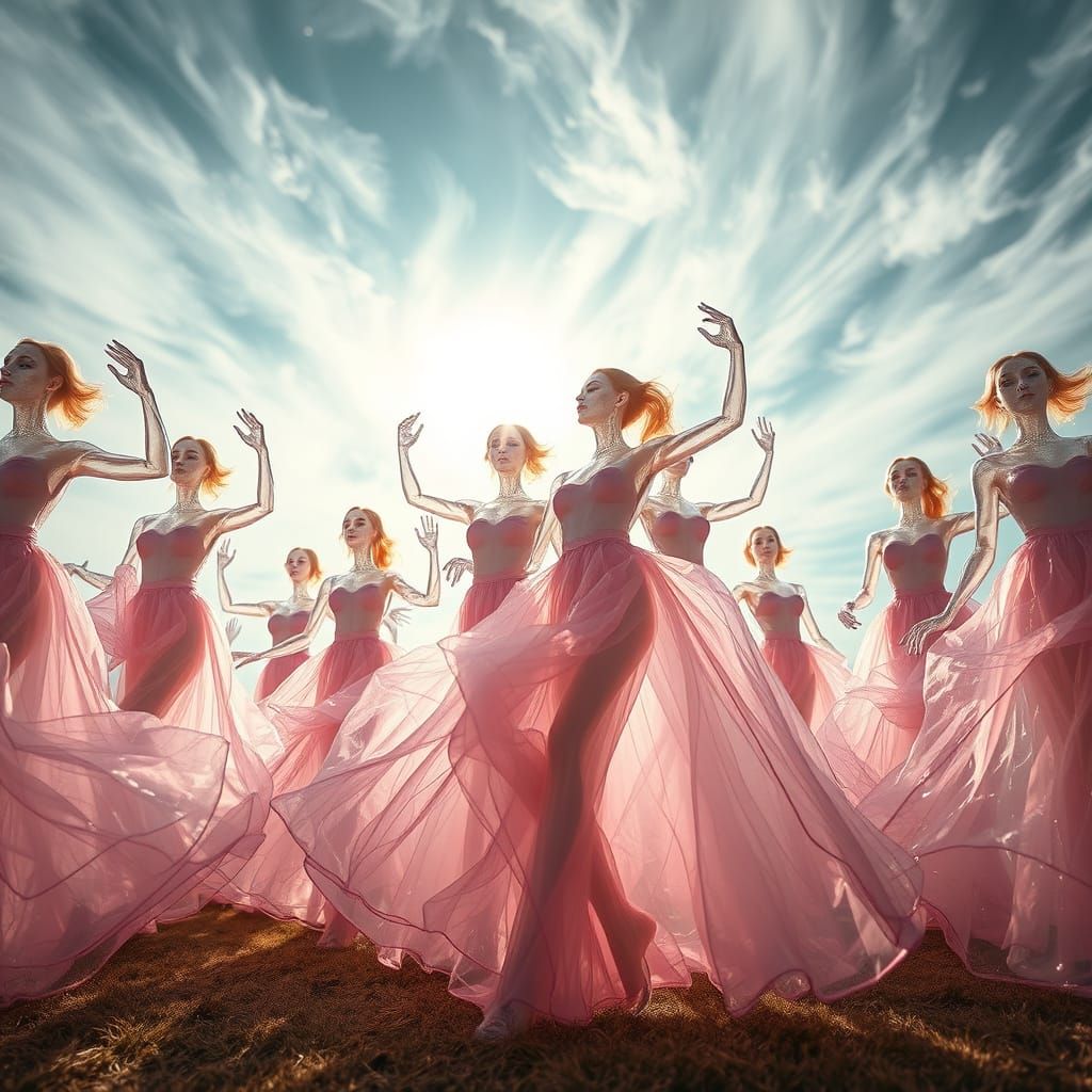 Glass Women Dancing in Ethereal Sky