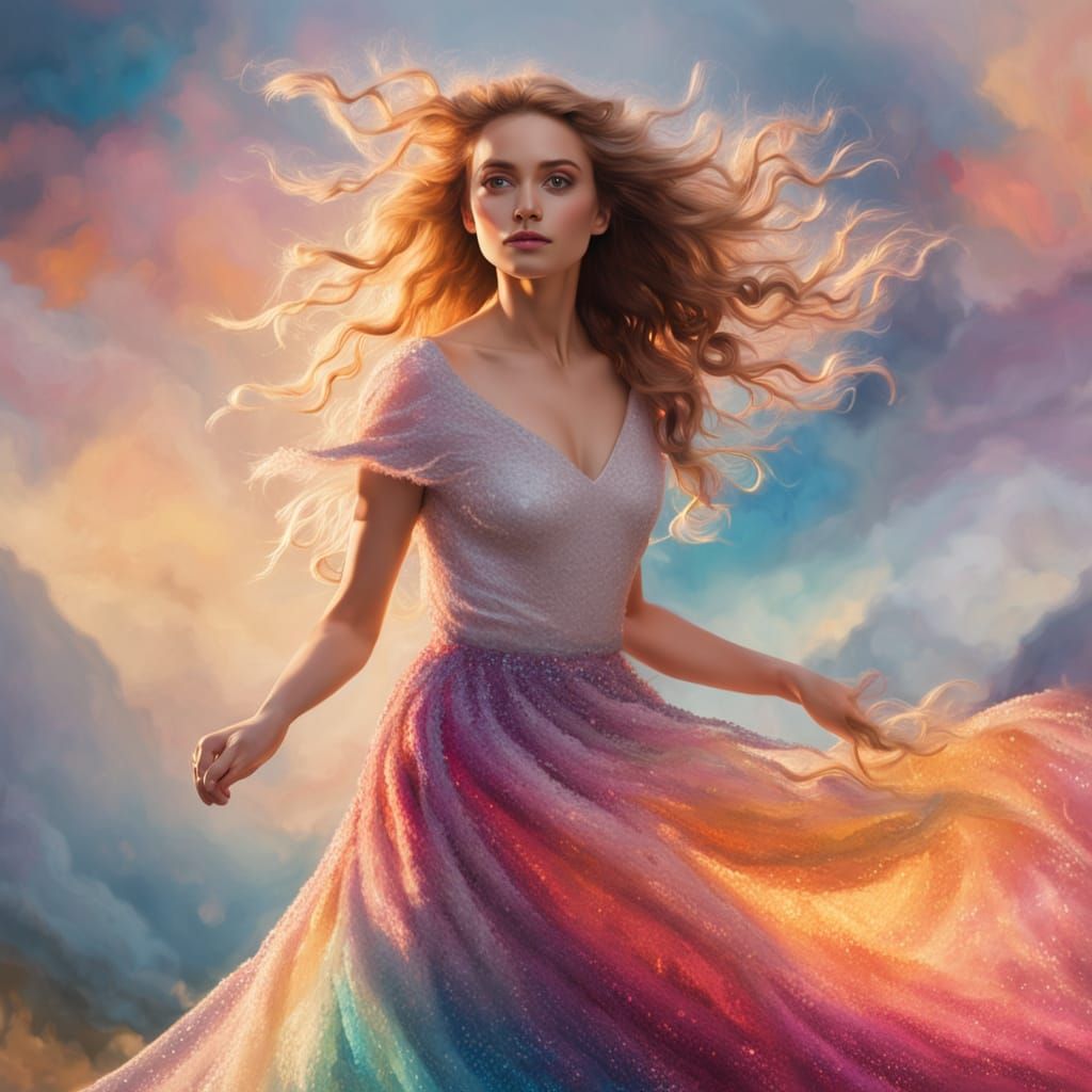 Dreamy Expressionist Woman in Vibrant, Iridescent Colors